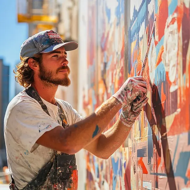 Painter applying paint to a large wall with a brush