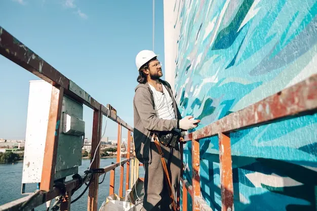 Painter on a work platform beside a large painted wall