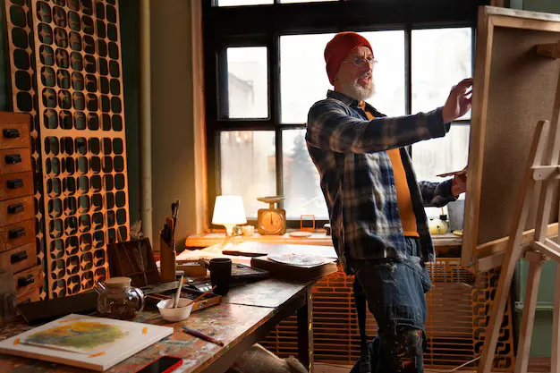 Painter working at an easel by a window