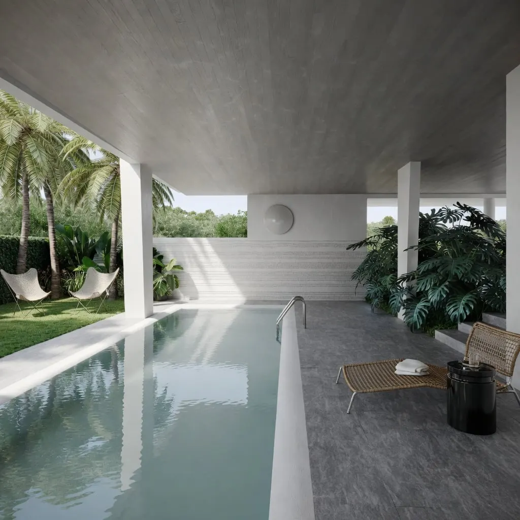 Rendered façade and pool house finish